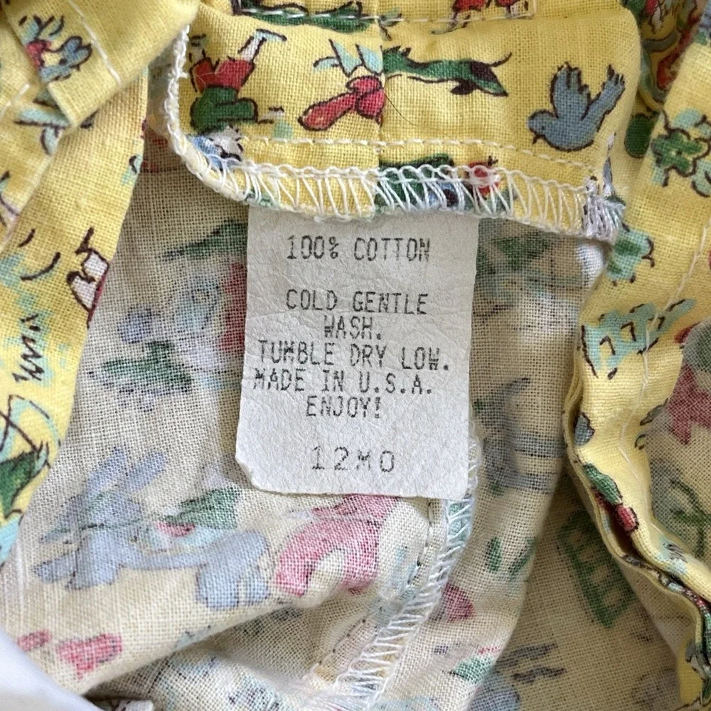 Vintage Three Girls Romper Overalls Baby Girl 12M Yellow Farm Animal‎ Print USA